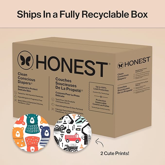 The Honest Company Comfort Dry Disposable Diapers for Sensitive Skin, Hypoallergenic, Beary Cool + Big Trucks, Super Club Box Size 6 (35 lbs), 68 Count