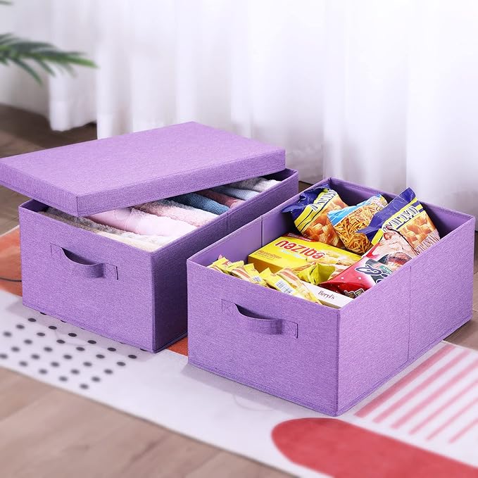 HOONEX Foldable Storage Bins with Lids, Pack of 2, Storage Boxes with 2 Carrying Handles and Sturdy Heavy Cardboard, 16.5" L x 11.8" W x 7.5" H for Shoes, Books, Clothes, Purple