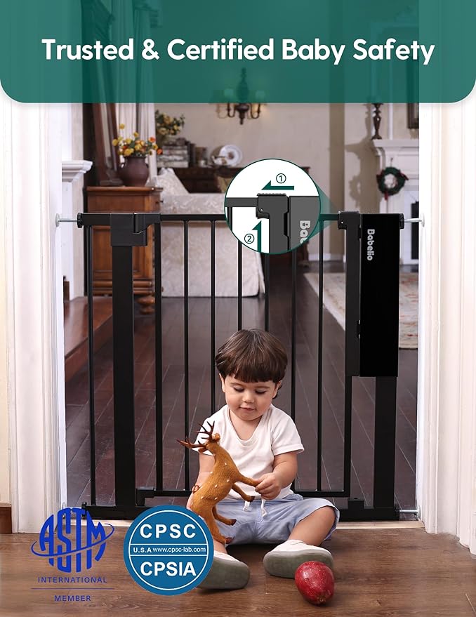 Babelio Smart Baby Gate with Auto-Unlock/Close, Pressure Mounted No Drill for Doorways/Top of Stairs. Pet/Dog Door Wide Walk Thru w/Infrared Sensor & Instant Safety Alert (Black, 30.3-47.2" W, 30" H)