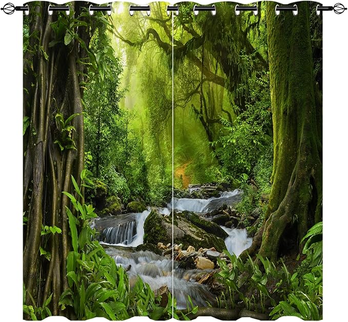 Forest Blackout Curtains W42 x L63 Inch Grommet Room Darkening Window Drapes Nature Tropical Jungle River Rainforest Waterfall Scenery Pattern for Bedroom Living Room Cafe Office 2 Panels
