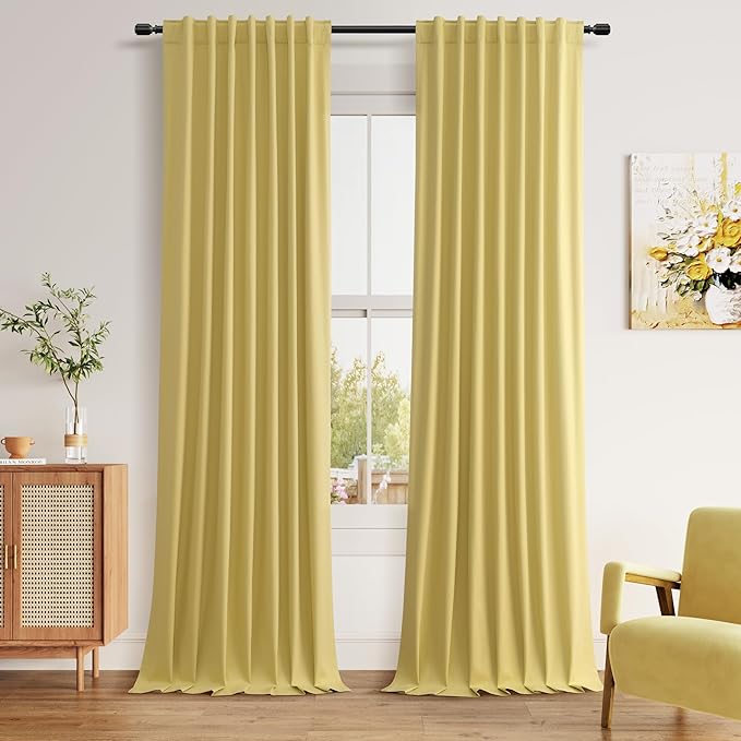 Guken Yellow 100% Blackout Curtains 108 Inch Length 2 Panels Set for Living Room Bedroom Back Tab Thermal Insulated Black Out Linen Drapes Room Darkening Window Curtains, 52x108