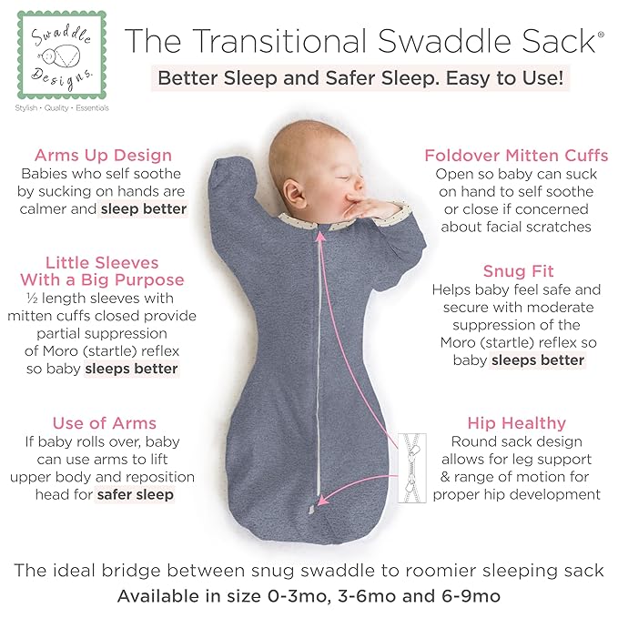 SwaddleDesigns Transitional Swaddle Sack, Arms Up Half-Length Sleeves & Mitten Cuffs, Swaddle for Newborn Transition to Baby Sleep Sack Wearable Blanket, Small, 0-3 Month, 6-14 lb, Heathered Denim
