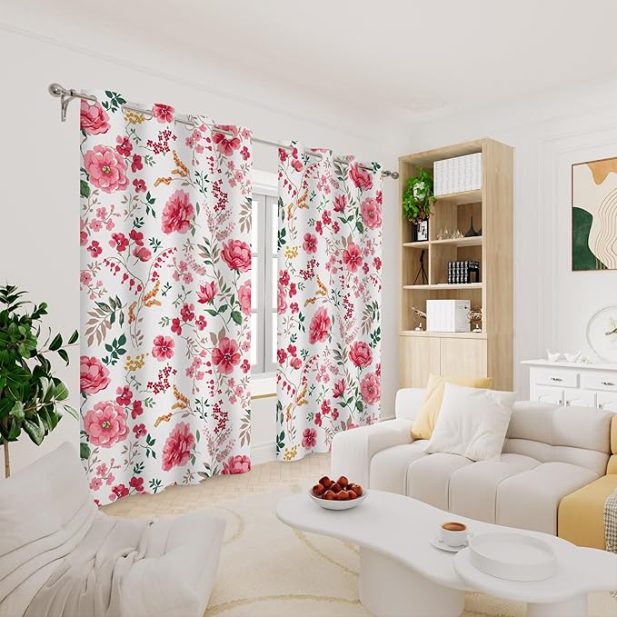 Renaiss Pink Rose Floral Curtains Red Peony Flowers Blackout Window Curtains for Bedroom Thermal Insulated Living Room Window Drapes 29W x 55L Inches 2 Panel Set, Grommet Top