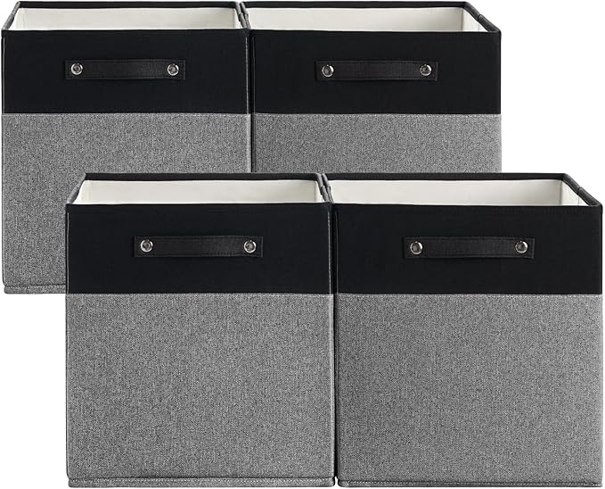 13 x 13 Inch Fine Linen Storage Bins with Handles，Fabric Cube Boxs，Basket Organizers for Shelves for Home, Closet Drawers (Black/Gray-4 Pack)