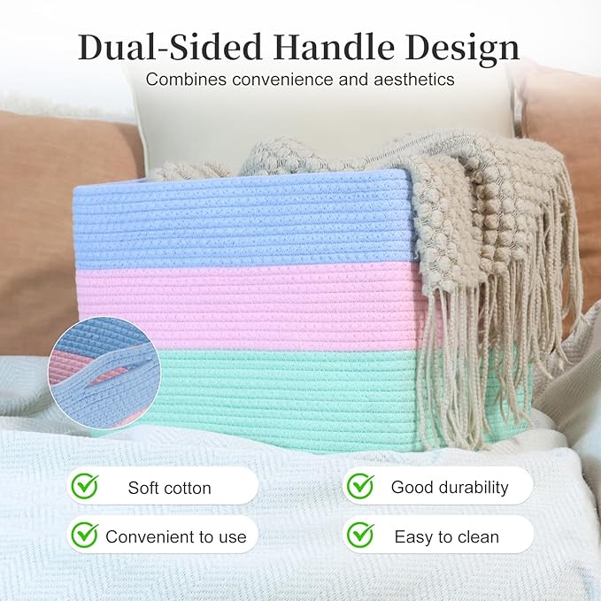 Hopegiver Rainbow Storage Baskets Set of 3, Cotton Rope Toy Storage Bins with Handles, Colorful Woven Nursery & Kids Playroom Organizer Baskets