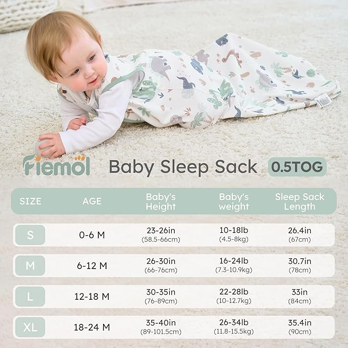 FIEMOL Baby Sleep Sack 0-6 months, 100% Cotton Sleep Sack for Newborn, Wearable Blanket Baby, 0.5 Tog Lightweight Double Zipper Sleeping Bag Dinosaur 1 Pack