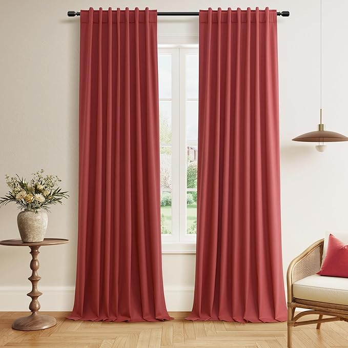 Guken Red 100% Blackout Curtains 90 Inch Length 2 Panels Set for Living Room Bedroom Back Tab Thermal Insulated Black Out Linen Drapes Room Darkening Window Curtains 90 Inches Long