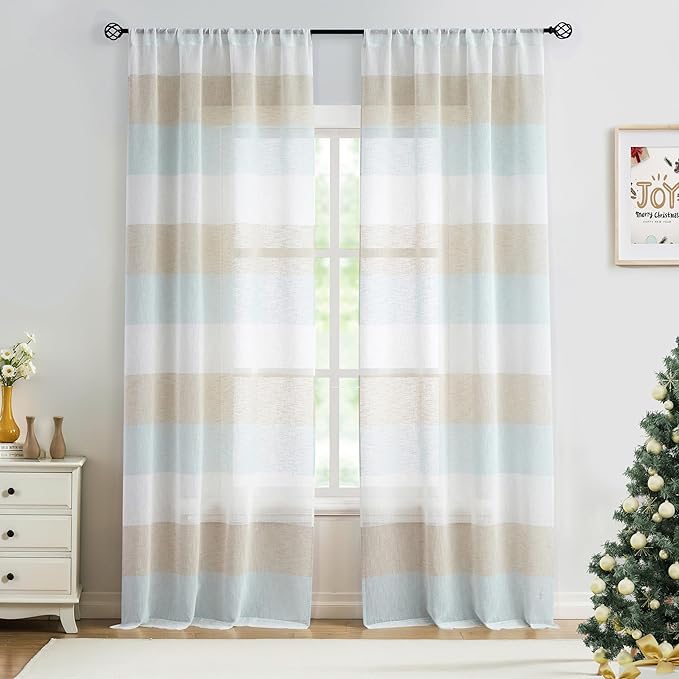 Central Park Tan and Spa Blue Stripe Sheer Color Block Window Curtain Panel Linen Window Treatment for Bedroom Living Room Farmhouse 95 inches Long Rod Pocket, 2 Panel Rustic Drapes, 40"x95"x2