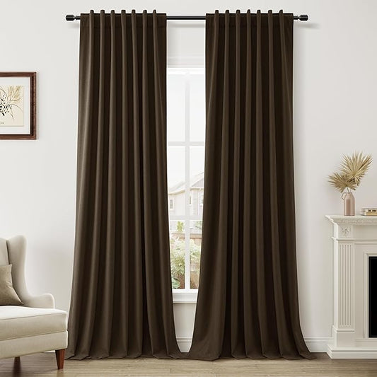 Guken 100% Blackout Curtains 108 Inch Length 2 Panels Set for Living Room Bedroom Back Tab Thermal Insulated Black Out Linen Drapes Room Darkening Chocolate,52x108