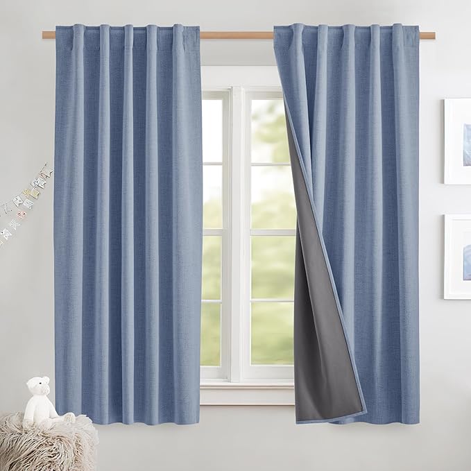 NICETOWN 100% Blackout Curtains for Kitchen with Grey Liner, Rod Pocket & Back Tab Thermal Insulated Flax Textured Full Light Blocking Window Draperies for Nursery(Stone Blue, 2 Panels, 42" W x 63" L)