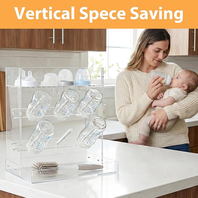 Heyrelda Baby Bottle Drying Rack Space Saving Vertical Acrylic Stand with Drip Tray – Clear Countertop Organizer for Bottles, Baby Accrssories – Fast Drying and Easy Cleanup - 10.3 x 6.3 x 10.6 in