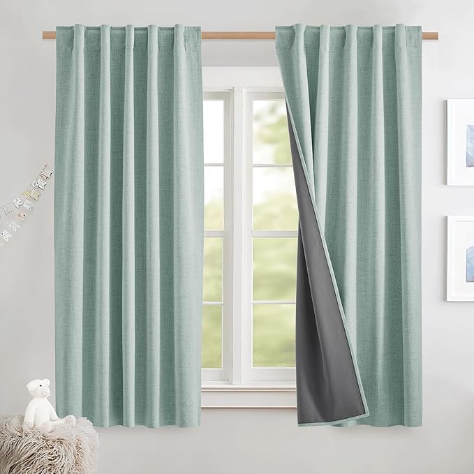 NICETOWN Seafoam Green Thick Linen Blend 100% Blackout Curtains with Grey Liners, Back Tab Thermal Insulated Flax Textured Full Blackout Window Draperies for Kitchen (2 Panels, 42" W by 63" L)