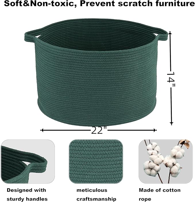 Large Cotton Rope Basket – 22"x14" Woven Storage Basket for Blankets, Toys, Laundry, and Nursery – Round Baskets for Living Room and Kids Dark Green