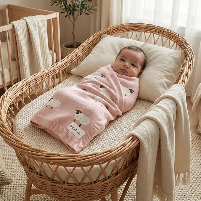 Luxury Knit Baby Receiving Blanket - 100% Cotton Soft Cozy Lightweight Receiving Swaddler Blanket for Shower Gift Registry for Newborns Infants Toddlers (Sheep - Light Pink)