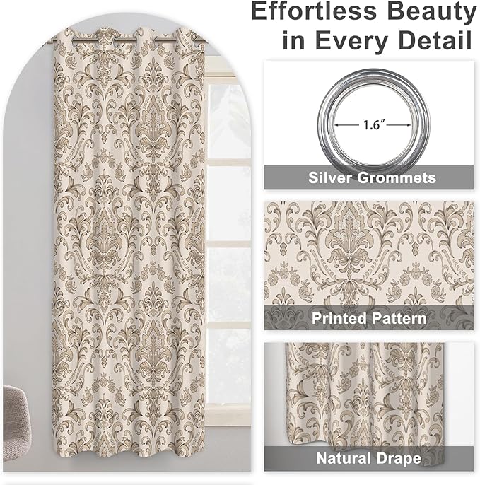 Beige Blackout Curtains for Bedroom and Living Room, Vintage Damask Patterned Black Out Curtains 63 Inch Long 2 Panels Set, Room Darkening Thermal Insulated Privacy Soundproof Window Drapes for Winter