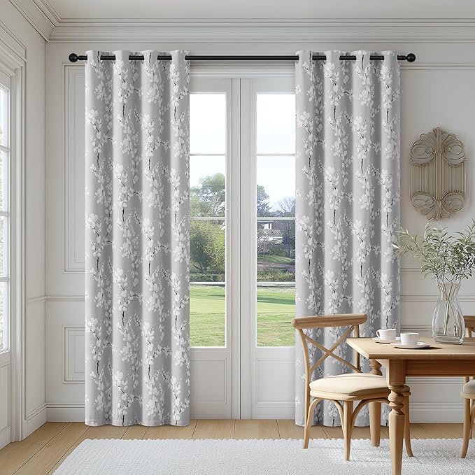 FMFUNCTEX 100% Blackout Floral Curtains for Bedroom, Grey Curtains 72 inch Length Blossom Flower Patterned for Living Room,Thermal Insulated Drapes Farmhouse, Grommet Top 2 Panels (White on Grey)