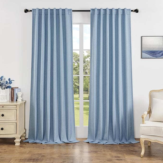 DUALIFE Extra Long 132 Inch Linen Blackout Curtains 2 Panels, Rod Pocket/Back Tab/Hook Belt Full Light Blocking Shade Curtains for Sliding Glass Door,50 Wide x 132 Length 11 FT, Dusty Blue