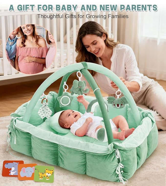 5-in-1 Baby Play Gym and Tummy Time Mat, Tummy Time Pillow & 12 Learning Cards, Plush Activity Mat with 6 Toys, Baby Gym, Convertible to Ball Pit, Baby Gift, Sage Green