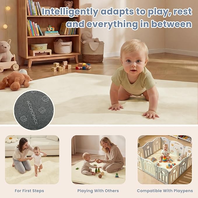 ACOMOPACK 1.3" Thick Baby Play Mat for Floor 59x71"-Large Water-Repellent&Non-Slip Memory Foam Mat for Kids,Toddlers,Soft Velvet Nursery Rug for Tummy Time&Crawling,Yoga,Tatami Style(Beige)