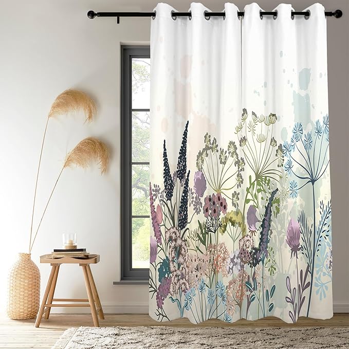 Renaiss Wildflowers Blackout Curtains Vintage Botanical Floral Plant Thermal Insulated Window Drapes for Bedroom 29W x 55L inches 2 Panel Set Window Curtain Panels for Kitchen