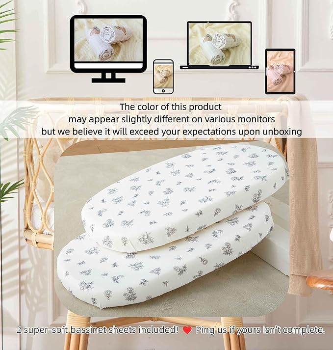 SDY Jersey Bassinet Sheets for Baby Boys and Girls,32 "x 16 "x 4", 2 Pack,Neutral Flower Standard Oval/Retangle Fitted Bassinet Sheets for Toddler,Super Soft Breathable
