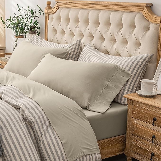 PURE ERA Jersey Knit 4pc Bed Sheet Set 100% T-Shirt Heather Cotton Super Soft Comfy Breathable Fits Mattress Up to 20" Extra Deep Pocket (Dark Beige, Full)