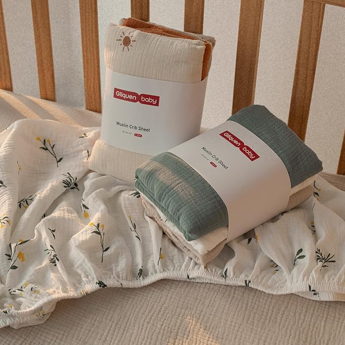Gllquen Baby Muslin Mini Crib Sheets 3 Pack, Breathable Pack and Play Sheets Fitted 38"x26" Soft Cozy Cotton Pack N Play Sheets for Baby Boy Girls, Universal Fitted Mini Crib Mattresses (Green)