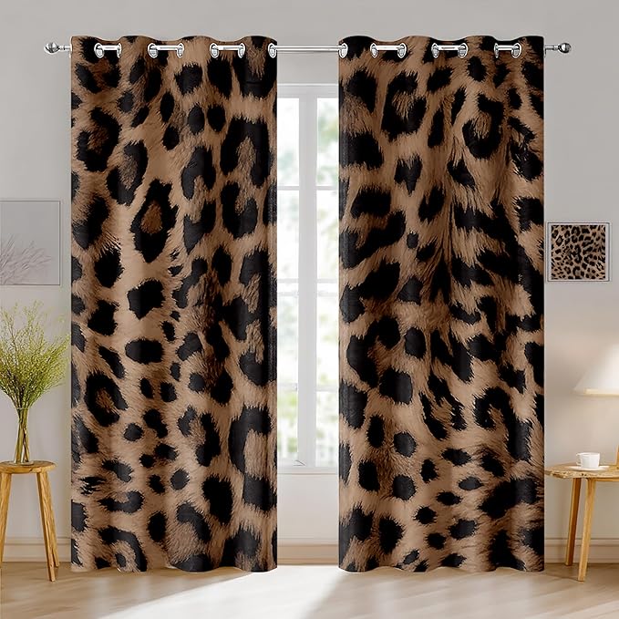Sexy Leopard Print Blackout Curtains, Wild Animal Cheetah Print Brown Black Fur Window Drapes, Living Room Bedroom Decor 2 Panels 52x63 Inch