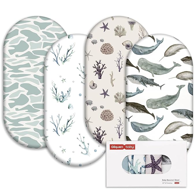 Gllquen Baby Bassinet Sheets 4 Pack, Breathable Cozy Fitted Mattress Sheet, Elastic Travel Crib Fashionable Pattern, Standard Cradle Safe Sheets for Baby Boys Girls 32"x16" (Marine)