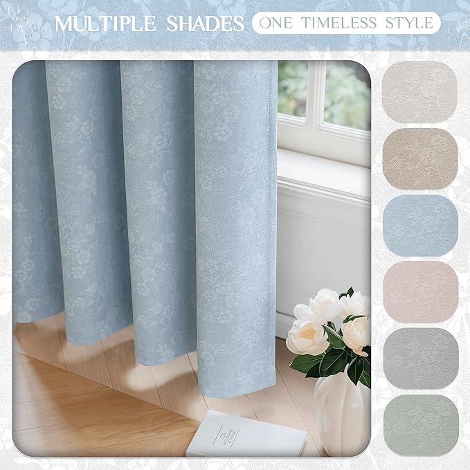 Beauoop Blue Floral Jacquard Blackout Curtains 96 Inches Long 2 Panels for Living Room Bedroom Chenille Flower Room Darkening Thermal Insulated Soundproof Grommet Window Drapes, 52x96 Set of 2