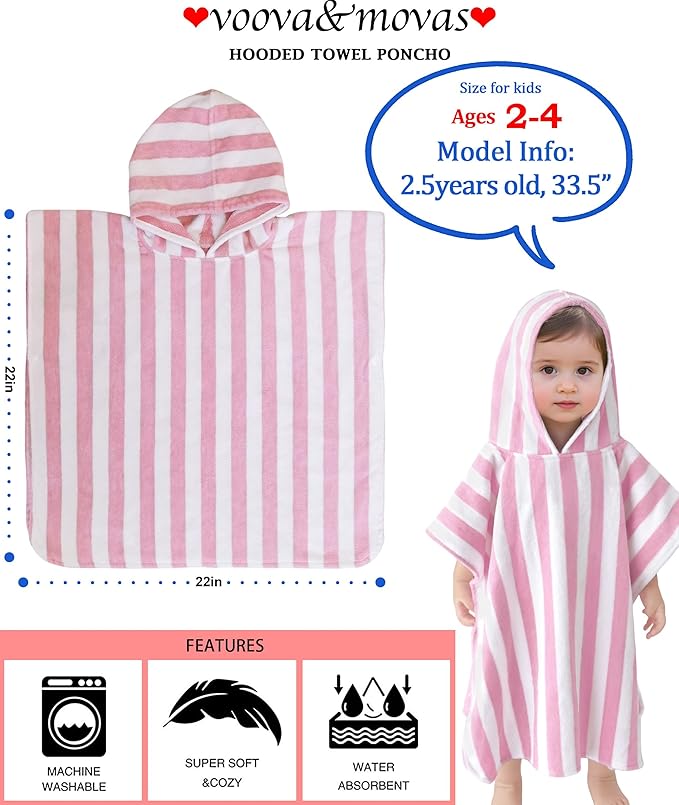 VOOVA & MOVAS Toddler Towels with Hood, Oversized (2-4Years,22"X22") Made from 100% Soft Cotton,Absorbent Hooded Poncho Towel for Baby Girls,Perfect for Pool | Swimming | Bath | Beach,Pink Stripe