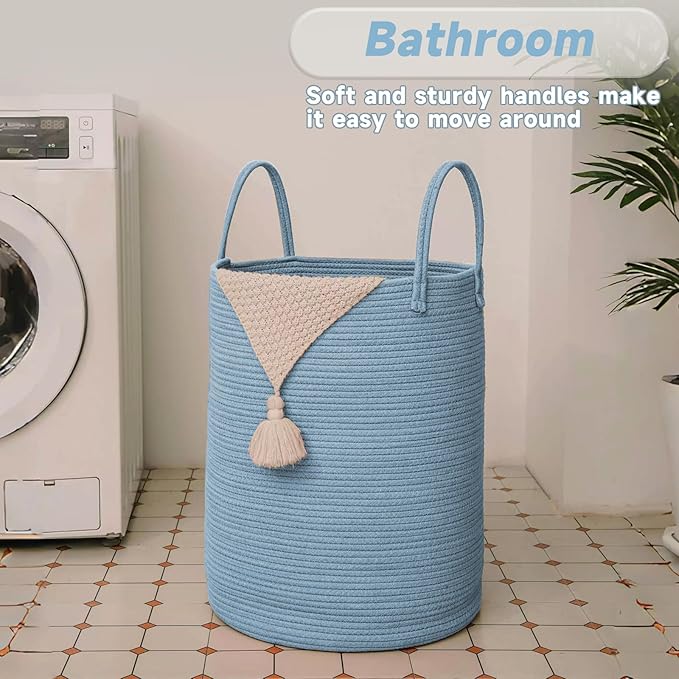 Large Woven Laundry Basket Hamper,100L Cotton Rope Storage Bin for Blankets,Toys and Clothes,Decorative Tall Nursery Hamper for Living Room,Baby Nursery,Bathroom and Bedroom,Blue