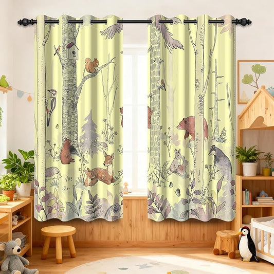 Kids Blackout Curtains for Nursery, Boy's Woodland Animal Print Curtains for Bedroom, Cartoon Room Darkening Window Drapes 2 Panels Set, Yellow, 52W x 63L