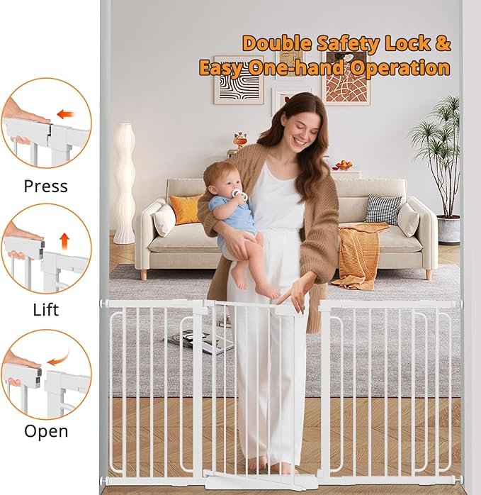 Wide Baby Gate for Stairs 29.8-53.4 Inch Pressure Mounted, Auto Close Child Baby Gates for Doorways No Drill, Walk Through Dog Gate Indoor for The House, White
