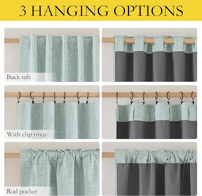 NICETOWN Seafoam Green Short 100% Blackout Curtains 63" Lenghth Burg for Kitchen, Burlap Linen Drapes with Thermal Insulated Grey Liner, Keeping Out Cold Air and Heat Panels (Set of 2, 52" Width)