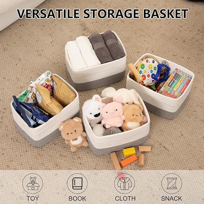 4 Pack Storage Baskets for Organizing, 13"X9"X7.87", Decorative Cotton Rope Baskets for Shelves, Small Woven Basket for Toys, Books and Towels, Grey & White
