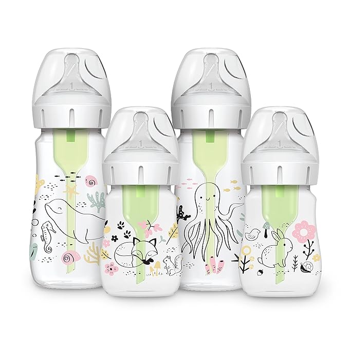 Dr. Brown's Anti-Colic Options + Wide-Neck Baby Bottle Designer Edition, Woodland, 5 oz/150 mL + Ocean, 9oz/270mL, Level 1 Slow Flow Nipple, 0m+, 4-Pack