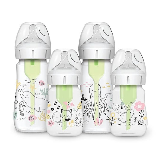 Dr. Brown's Anti-Colic Options + Wide-Neck Baby Bottle Designer Edition, Woodland, 5 oz/150 mL + Ocean, 9oz/270mL, Level 1 Slow Flow Nipple, 0m+, 4-Pack