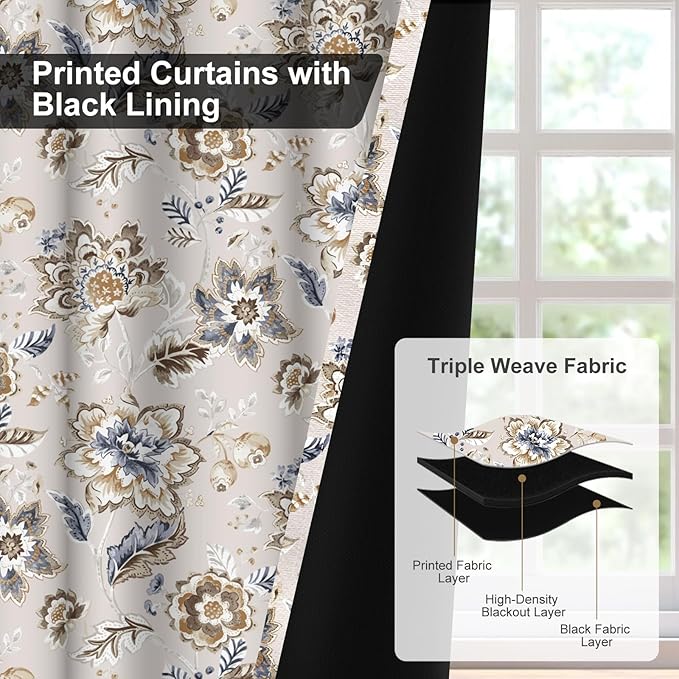 Floral Blackout Curtains for Bedroom and Living Room, Farmhouse Room Darkening Soundproof Thermal Insulated Blackout Curtains for Winter, Grommet Black Out Window Curtains 63 Inch Long 2 Panels Set