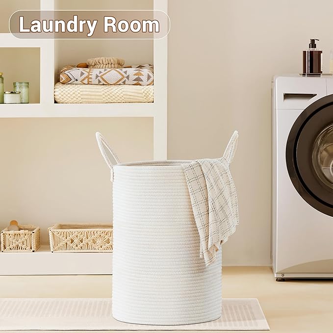 Tall Laundry Basket with Handles, 72L Portable Dirty Clothes Hamper, Boho Cotton Rope Storage Bin for Blankets Kids Toys Gifts, Large Organizer for Baby Nursery Bedroom Bathroom, White