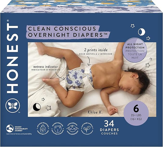 The Honest Company Comfort Dry Disposable Overnight Diapers for Sensitive Skin, Hypoallergenic, Baby Cozy Cloud and Star Signs Design Club Box Size 6 (35 lbs) 34 Count