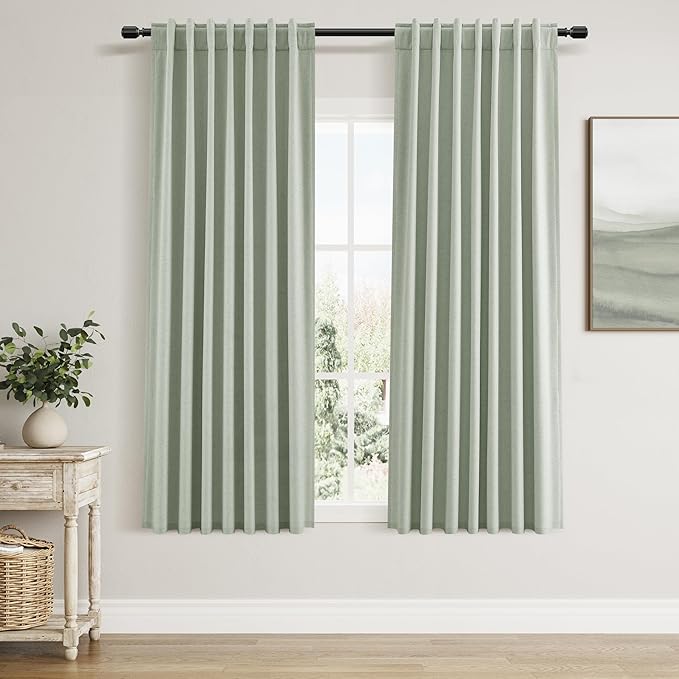 Guken 100% Blackout Curtains 63 Inch Length 2 Panels Set for Living Room Bedroom Back Tab Thermal Insulated Black Out Linen Drapes Room Darkening Window Curtains Mist Sage 52x63