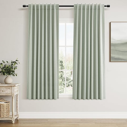 Guken 100% Blackout Curtains 63 Inch Length 2 Panels Set for Living Room Bedroom Back Tab Thermal Insulated Black Out Linen Drapes Room Darkening Window Curtains Mist Sage 52x63