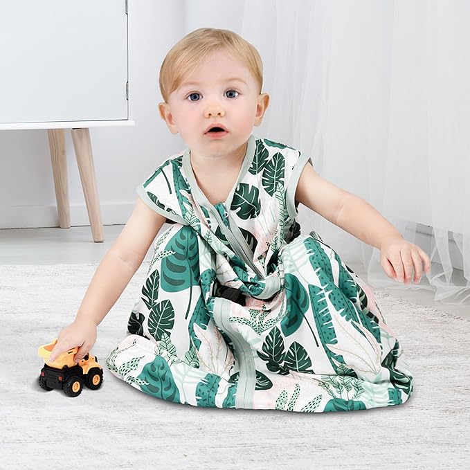 BSTOPPT 3 Pack Baby Sleep Sack 12-18 Months 100% Rayon Cotton Baby Sleeping Bag 2-Way Zipper Toddler Wearable Blankets Comfy Stretchy TOG 0.3 Lightweight（Banana&leaf&green）