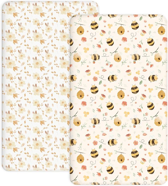 Crib Sheets for Boys and Girls, 2 Pack Fitted Baby Sheets for Standard Toddler Mattress 28" x 52", Soft Breathable Jersey Knit Baby Bedding (Honeybee Dreams)