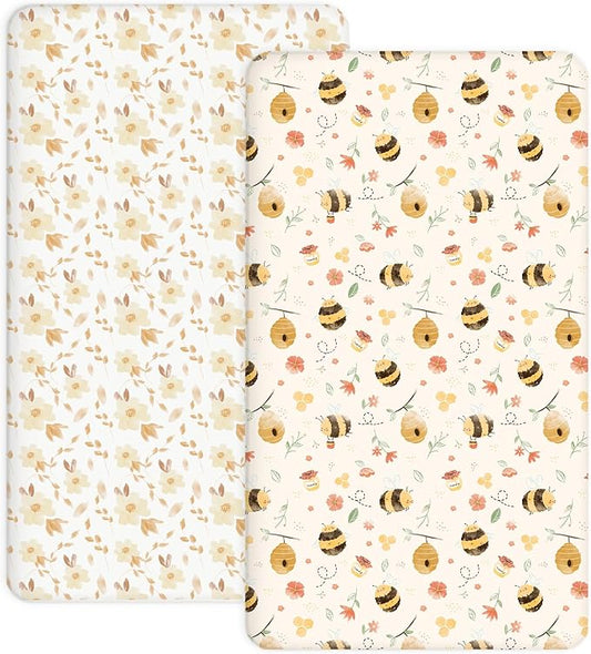 Crib Sheets for Boys and Girls, 2 Pack Fitted Baby Sheets for Standard Toddler Mattress 28" x 52", Soft Breathable Jersey Knit Baby Bedding (Honeybee Dreams)