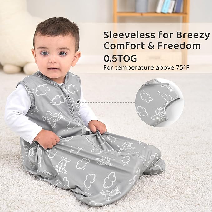 FIEMOL Baby Sleep Sack 12-18 Months, 0.5 TOG Wearable Blanket for Baby Boy and Girl, 2-Way Zipper Toddler Sleeping Bag 2 Pack, Lightweight Sleep Sacks Grey Helicopter（Large）