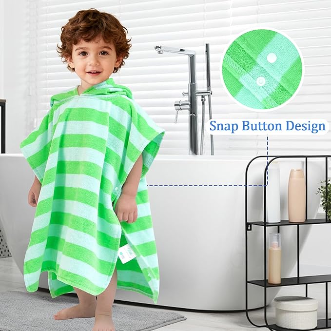 Toddler Poncho Towels with Hood, Oversized (2-4Years,22"X22") Made from 100% Soft Cotton,Absorbent Hooded Towels for Baby Boys,Perfect for Pool | Swimming | Bath | Beach,Green Bar Stripe
