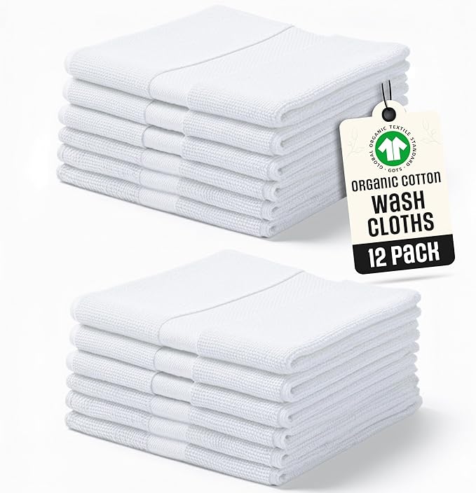 Organic Cotton Wash Cloths Plush Feather Touch Quick Dry Wash Cloths Pack of 12 GOTS & Oeko- TEX Certified | Premium Soft, Absorbent, Small Hand Face Towels Wash Rags– White