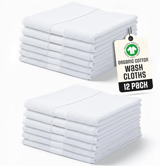 Organic Cotton Wash Cloths Plush Feather Touch Quick Dry Wash Cloths Pack of 12 GOTS & Oeko- TEX Certified | Premium Soft, Absorbent, Small Hand Face Towels Wash Rags– White